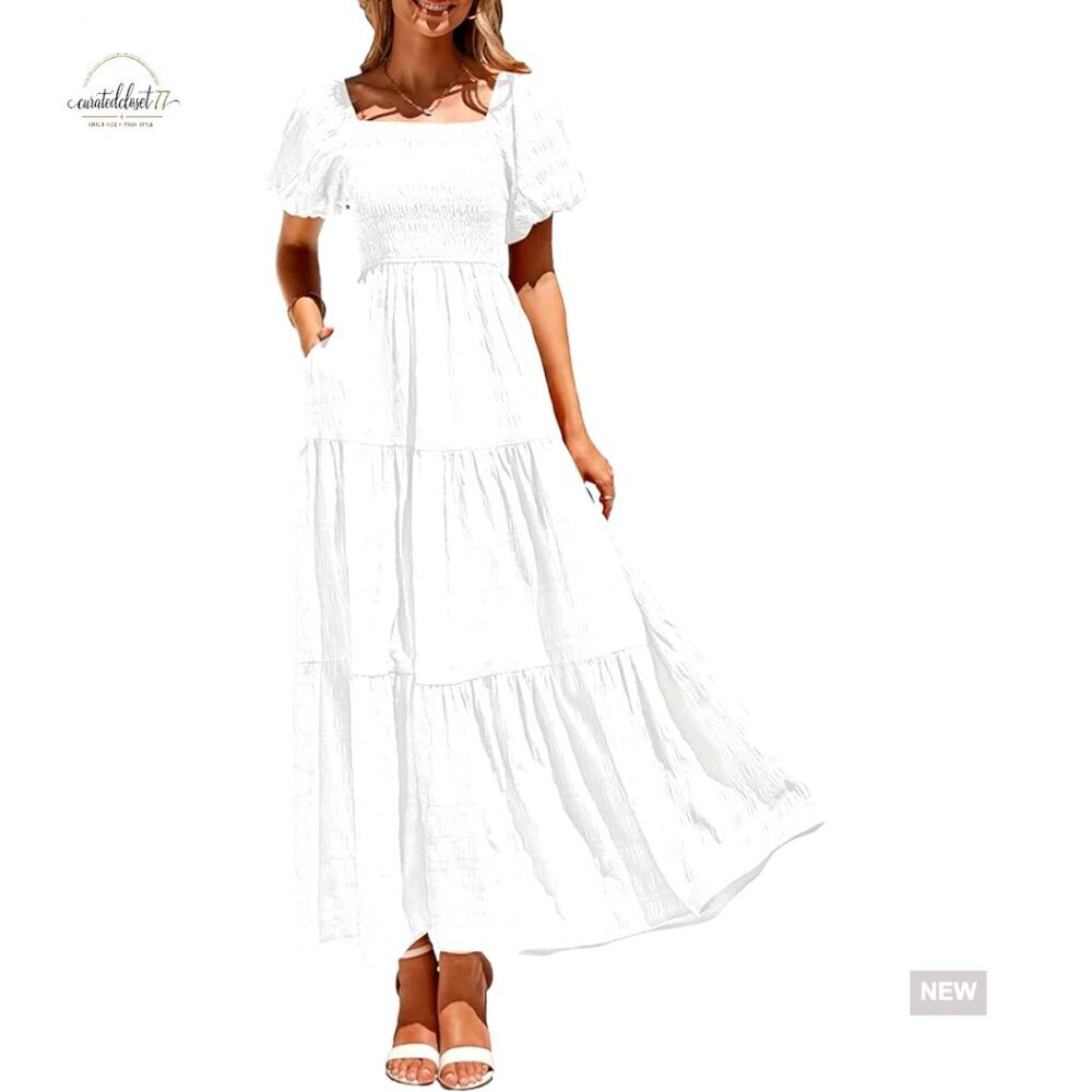 Maxi Dress with Puff Sleeves Smocked Waist Square Neck Flowy Beach